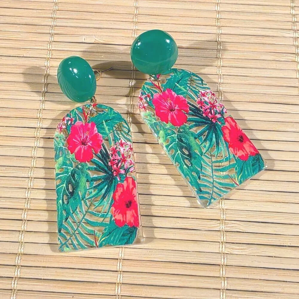 Retro 80s Style Tropical Flowers Plants Vintage Lucite Pendant Dangle earrings